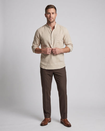 Herren Leichte Stehkragen Henley Shirt aus Leinenmischung mit Brusttasche Nord Taschen