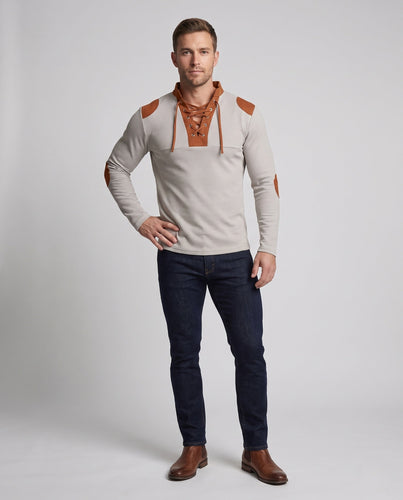Herren lockere langärmlige Waffelshirt mit Schnürkragen und Ellbogenpatches Nord Taschen