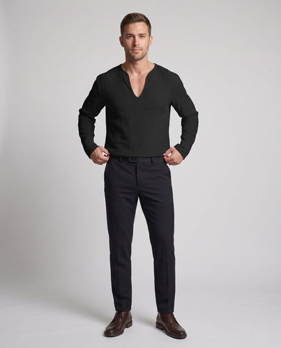 Herren Lose Leinenlook Langarmshirt mit Tiefem V-Ausschnitt und Strukturiertem Look Nord Taschen