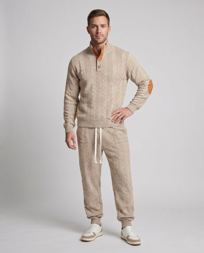 Männer Strukturierter Kabelstrick Loungewear Set mit Henley-Kragen und Jogginghose Nord Taschen