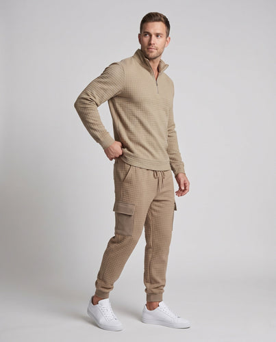 Herren Texturiertes Komfort Freizeitanzug Set mit Halben Reißverschluss Pullover und Cargo Jogginghose Nord Taschen