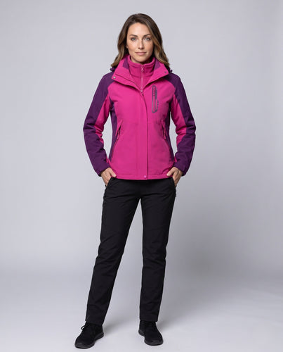 Damen multifunktionale Softshell Outdoorjacke Set mit Fleece Innenjacke und funktionalen Hosen Nord Taschen