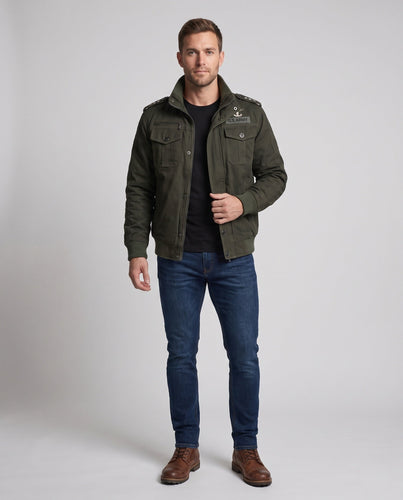 Herren Baumwollfeldjacke im militärischen Stil mit Stehkragen, Schulterklappen und mehreren Taschen Nord Taschen