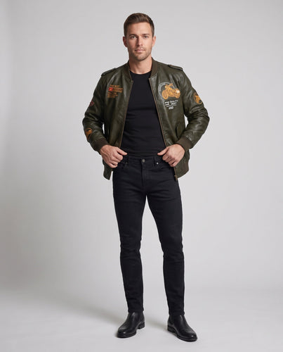 Männer Biker-Style Faux-Leder Bomberjacke mit gefüttertem Thermoinnenfutter und Stickerei-Anwendungen Nord Taschen