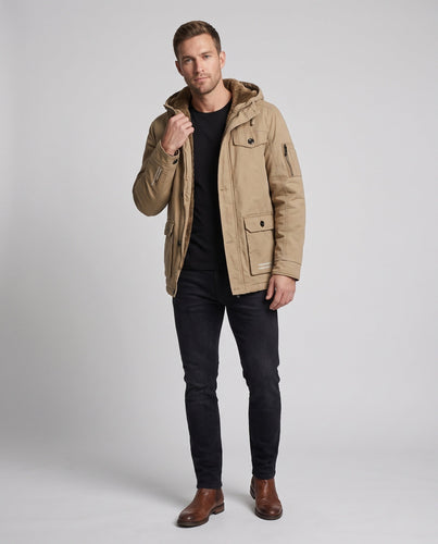 Herren Canvas Utility Parka mit wärmendem Teddyfutter Saum, Kapuze und multifunktionalen Taschen Nord Taschen