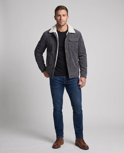 Herren Cord Arbeitsjacke mit vollem Sherpa-Futter, Hemdkragen und Seitentaschen Nord Taschen