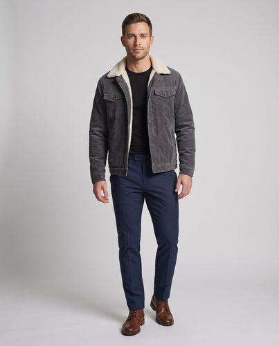 Herren Cordjacke im Trucker-Stil mit durchgehendem Sherpa-Futter und Teddy-Kragen Nord Taschen