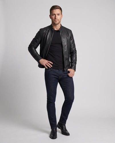 Herren enganliegendes Kunstleder-Motorradjacke mit kurzem Stehkragen und zentralem Metallreißverschluss Nord Taschen