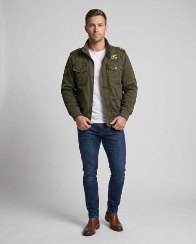Herren gepolsterte Canvas-Bomberjacke im Feldlook mit Schulterklappen und warmem Teddy-Fleece-Futter Nord Taschen