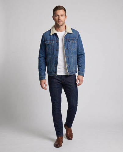 Herren gefütterte Denim-Jacke mit Sherpa-Futter und Hemdkragen Nord Taschen