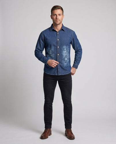 Herren-Denim-Hemd im Overshirt-Stil mit Allover-Print und durchgehender Knopfleiste Nord Taschen