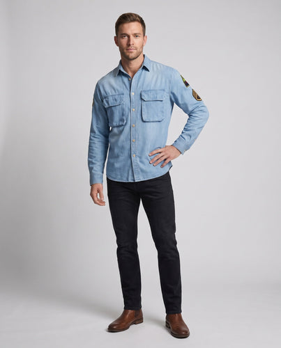 Männer Jeanshemdjacke mit doppelten Brustklappen und Ärmelpatches Nord Taschen