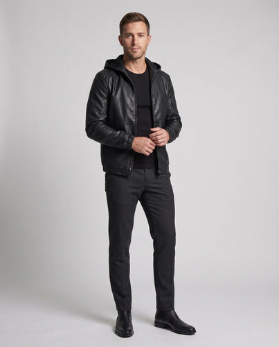 Herren Kapuzenblouson in Lederlook mit minimalem Reißverschluss und elastischen Bündchen Nord Taschen