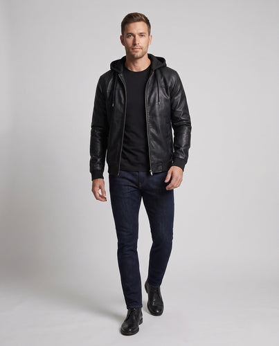 Herren Kapuzen Kunstlederjacke im Biker Bomber Stil mit integrierter Hoodie-Futter Nord Taschen