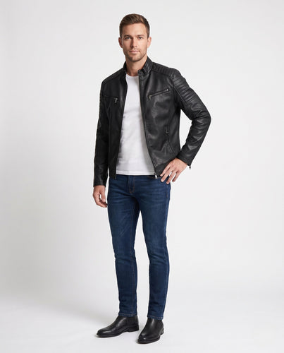 Herren Kunstleder Bikerjacke mit gesteppten Schultern und Stehkragen Nord Taschen