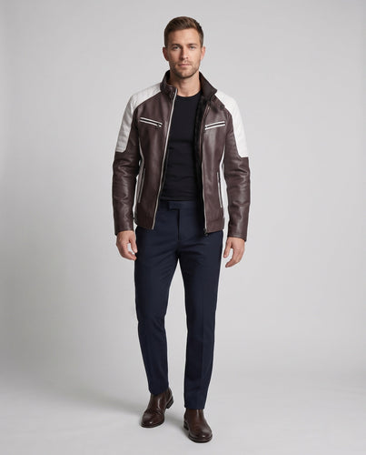 Männer Kunstleder Bikerjacke mit Teddyfutter, Stehkragen und dekorativem Riemen Nord Taschen