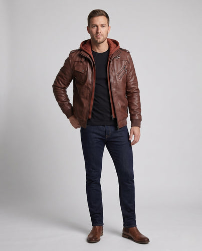 Herren Kunstleder Bomberjacke mit Camouflage-Muster und integrierter Hoodie-Innenlage Nord Taschen
