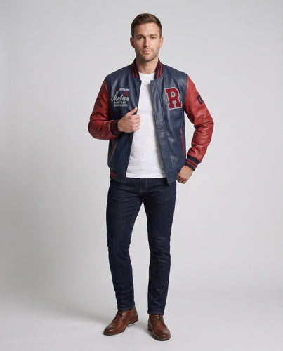Herren Faux-Leder College Bomberjacke mit gesticktem Patch und Rippbündchen Nord Taschen