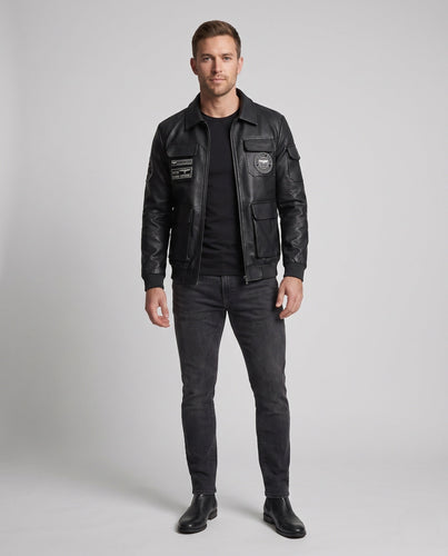 Herren-Faux-Leder-Feldjacke im Pilotstil mit Utility-Taschen und Patch-Details Nord Taschen