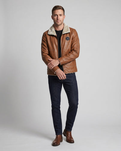 Herren Pilotenjacke aus Kunstleder mit Teddyfutter, Reißverschluss und dekorativen Nähten Nord Taschen