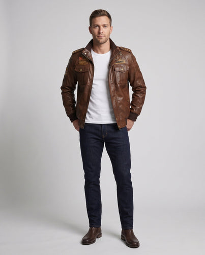 Herren Pilotjacke aus synthetischem Leder mit wärmendem Teddy-Futter und Schulterabzeichen Nord Taschen