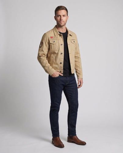 Herren Kurzschnitt Canvas Truckerjacke im Workwear-Look mit Hemdkragen, Klappentaschen und Ärmelpatch Nord Taschen