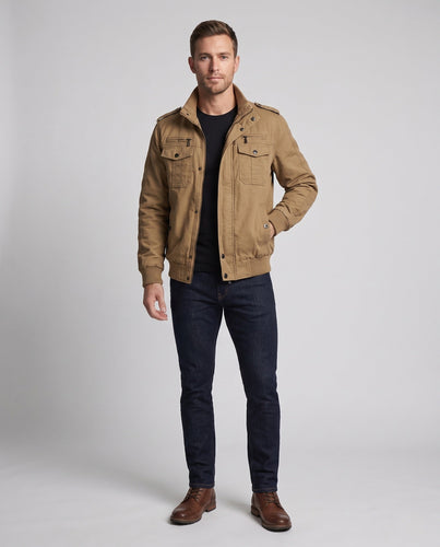 Herren Short-Cut Canvas Blouson mit Stehkragen und Multifunktions Taschen Nord Taschen