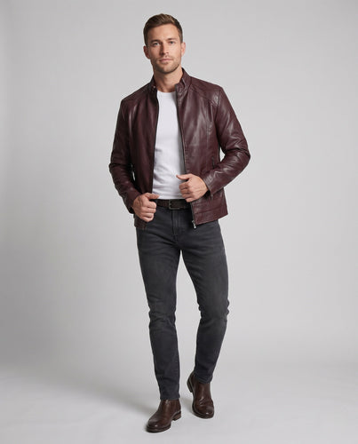 Herren Leder-Look Pilotenjacke mit Stehkragen und Reißverschluss-Taschen Nord Taschen
