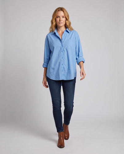 Damen Langarm Oversize-Shirt Bluse mit Rundsaum und Brusttasche Nord Taschen