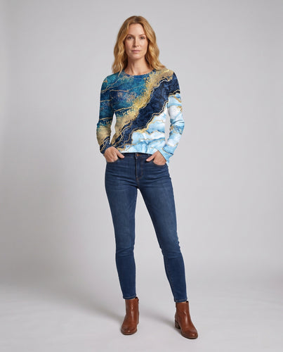 Damen Langarmshirt mit abstraktem Marmorprint und schimmernden Goldakzenten Nord Taschen