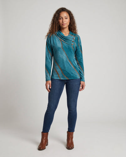 Frauen Langarmshirt mit asymmetrischem Wasserfallkragen und dekorativer Knopfleiste Nord Taschen