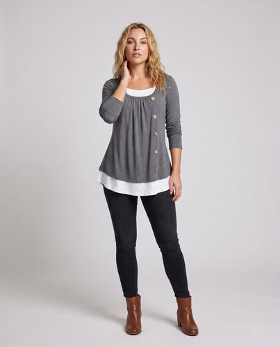 Damen Casual Layering Langarm mit asymmetrischem dekorativem Knopfverschluss und kontrastierendem Saum Nord Taschen