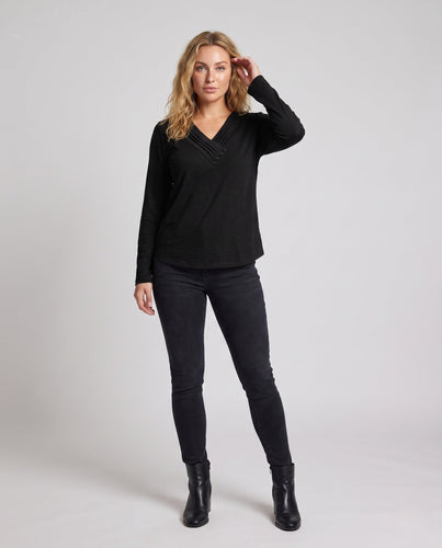 Damen Casual V-Ausschnitt Langarm mit dekorativem Wickel-Panel und dekorativen Knöpfen Nord Taschen