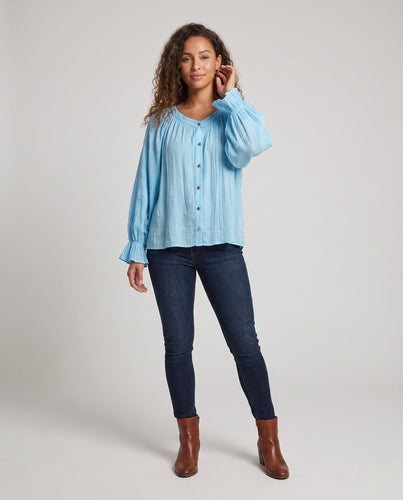 Damen Lose Chiffon Bluse Shirt mit gerafftem Vorderteil, Ballonärmeln und Knopfleiste Nord Taschen