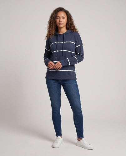 Damen Lose Hoodie Sweatshirt im Used Streifen-Look mit Kängurutasche Nord Taschen