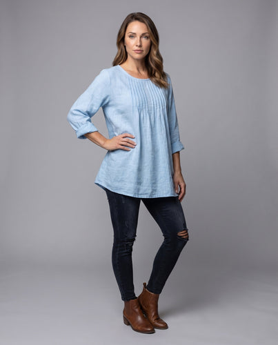 Damen lockeres Tunika-Shirt im Leinen-Look mit Falten und seitlichem Saum Nord Taschen
