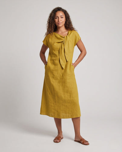 Damen Maxi-Kleid aus Leinen mit dekorativem Bogen und kurzen Ärmeln Nord Taschen