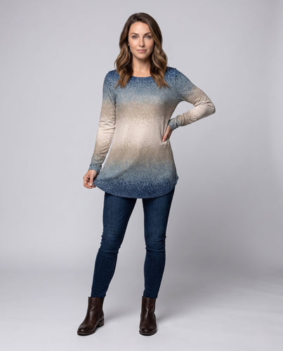 Frauen Oversize Langarmpullover mit Rundhalsausschnitt und Ombre Glitter Druck Nord Taschen