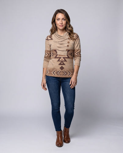 Damen Oversized-Strickpullover mit ethnischer Geometrie, asymmetrischem Kragen und dekorativer Knopfleiste Nord Taschen