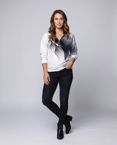 Damen Oversized Sweatshirt mit V-Ausschnitt, Reißverschluss und abstraktem 3D-Druck Nord Taschen