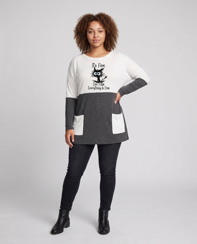 Damen Oversized-Tunika Kleid mit wärmendem Stricklook, Farbblock und Comic-Print Nord Taschen