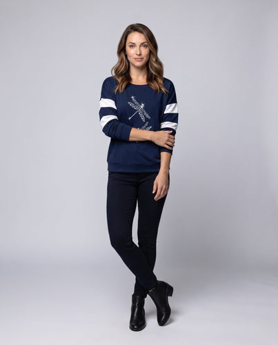 Damen Oversized Sweatshirt mit Strass-Libellen, Rundhalsausschnitt und Kontrastärmeln Nord Taschen