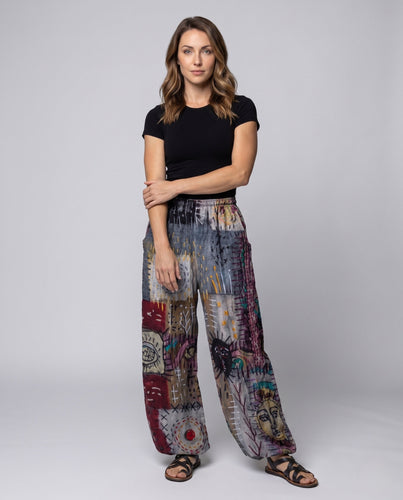 Damen Palazzo-Hosen im Patchwork-Design mit weitem Bein, elastischem Bund und Eingrifftaschen Nord Taschen