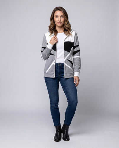 Damen Zip-Hoodie aus weichem Sweatstoff mit geometrischem Blockmuster und Fronttaschen Nord Taschen