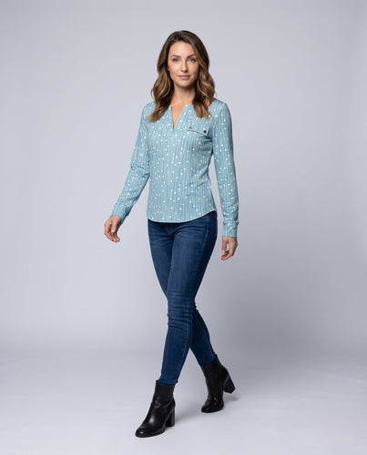 Damen Slim-Fit Hemdbluse mit Stehkragen, V-Schlitz und vertikalen gepunkteten Streifen Dürran