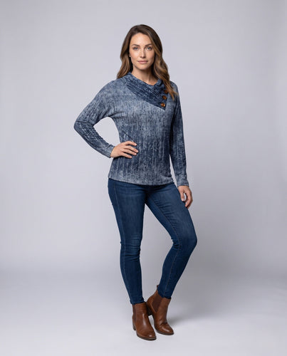 Damen Strukturierte V-Ausschnitt Langarmshirt mit Asymmetrischer Knopfleiste Nord Taschen