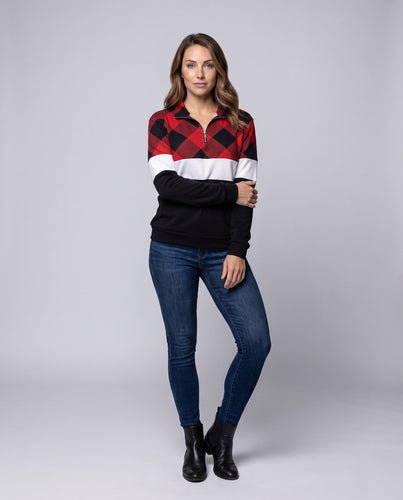 Damen Sweatshirt mit Halbzipper, Karostepp und Kontraststreifen Nord Taschen