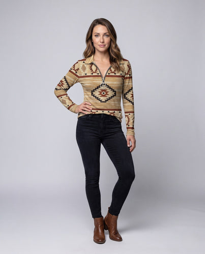 Damen Sweatshirt mit Tribal-Print, halbem Reißverschluss, Kragen und lässigem Oversized-Schnitt Nord Taschen