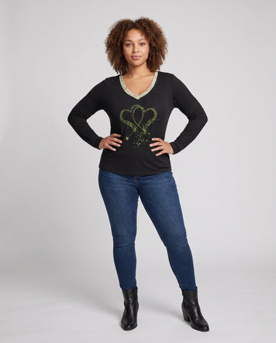 Damen V-Ausschnitt Sweatshirt mit Glitzerherzprint und goldener Borte Nord Taschen