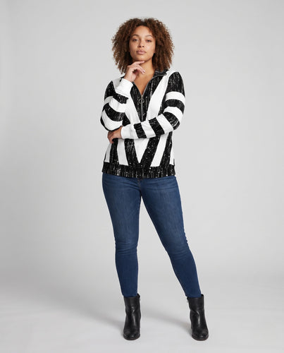 Damen V-Ausschnitt Zip-Pullover mit Ring-Reißverschluss und Blockstreifen-Design Nord Taschen